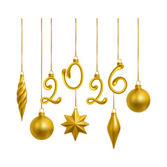 Golden ornaments celebrating 2026 isolated on transparent background