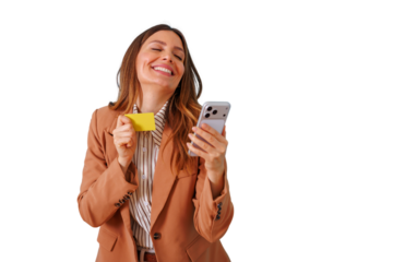 Woman smiling and confidently holding credit card and smartphone, enjoying online shopping on transparent background
