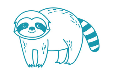 Obraz premium Adorable outline shows a smiling, turquoise sloth with a striped tail standing still