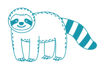 Fototapeta premium Teal sloth with striped tail smiles charmingly, standing cheerfully on a white backdrop
