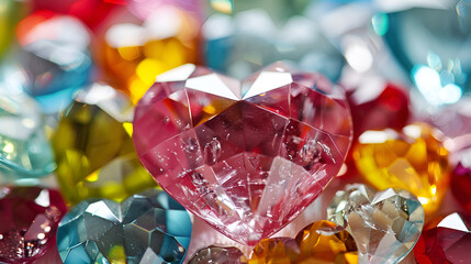 Vibrant heart shaped gemstones in various colors and facets