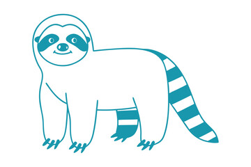 Fototapeta premium An outlined sloth with a striped tail walks, isolated on a white background