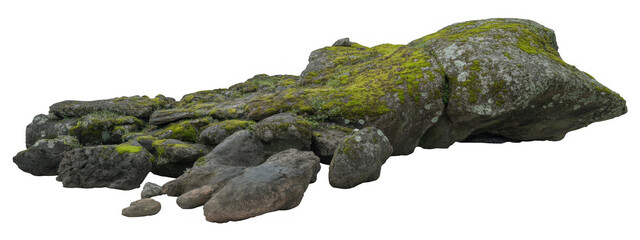 Mossy rocks and boulders green isolated on a transparent background