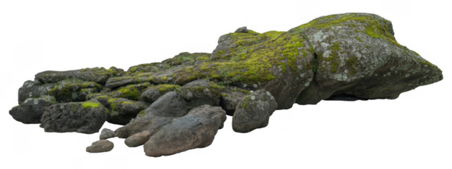 Mossy rocks and boulders green isolated on a transparent background