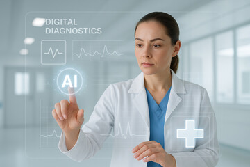 Doctor interacts with a holographic interface representing artificial intelligence applications in healthcare and medical analysis