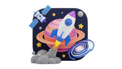 3D Cartoon Rocket Launching Past Planets and Stars on transparent background