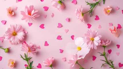 Vibrant pink flowers and hearts on soft background