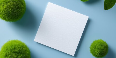 a blank square postcard mockup placed on a smooth, sky blue surface. A simple arrangement of three tiny, vibrant green moss balls (Marimo) is in the corner