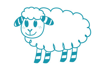 Obraz premium A playful cartoon sheep with striped legs smiles on a white background