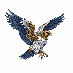 Illustration of a majestic eagle in mid-flight with outstretched wings and sharp talons against a pristine white background