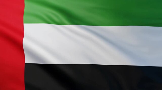 High-quality 3D animation of the Flag of the United Arab Emirates with realistic fabric texture waving in a gentle breeze, seamless loop.