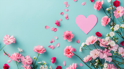 Vibrant pink flowers and heart on blue background for Valentine's Day