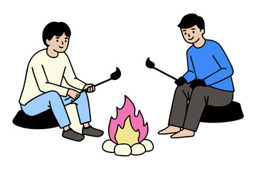 Two Boys Roasting Marshmallows Campfire Illustration