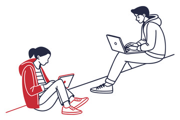 Two People Working on Laptops Minimal Line Art Illustration