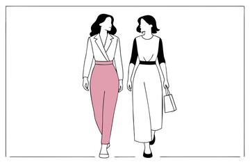 Two Women Walking Together Elegant Line Art Illustration