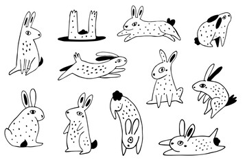 Cute Black and White Rabbits Set. Hand Drawn Bunny Characters Vector Illustration for Kids Prints and Stickers.
