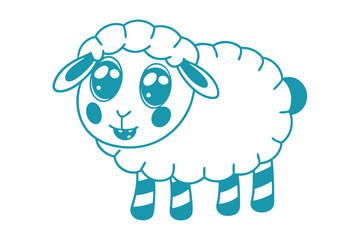 Obraz premium Cheerful cartoon sheep stands, with large eyes and striped legs outlined in turquoise