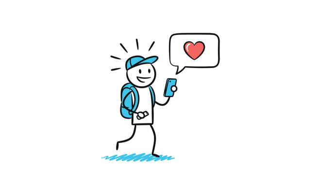 Happy stick figure tourist with a backpack and cap looking at a phone with a heart icon, representing love for travel or social media likes.