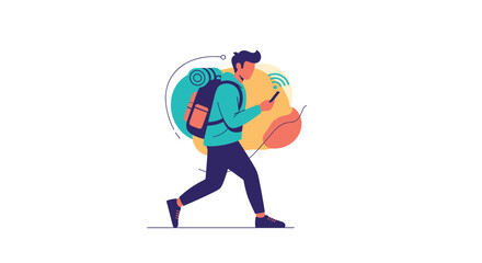 Young man with a backpack walking and using a smartphone with a wifi signal, illustrating a digital nomad, traveler, or hiker.