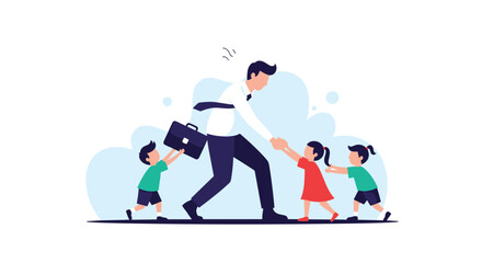 Fototapeta premium Stressed businessman trying to walk to work while his three children are pulling him back, illustrating work-life balance challenges.