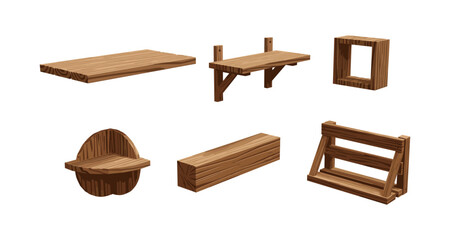 Collection of rustic wooden furniture and shelving units on a white background