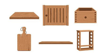 Collection of wooden objects including shelves, a cutting board, a gate, and a rack