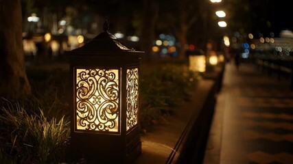 Decorative street lamps illuminating pathways with artistic metalwork and warm lighting enhancing evening ambiance in cityscapes.