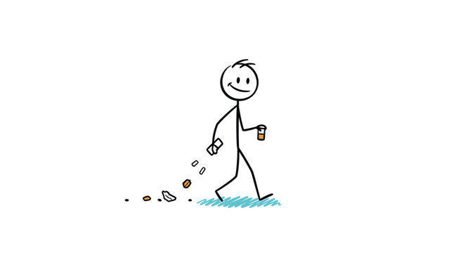 Careless stick figure walking and littering, dropping trash on the ground, representing bad habits and environmental pollution.