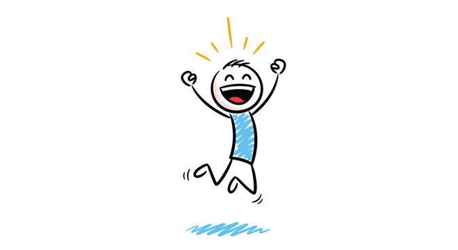 Extremely happy and excited stick figure character jumping in the air with arms raised, a simple cartoon illustration of pure joy and success.