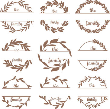 Family Split Monogram SVG, Elegant Wreath, Decorative Leaves & Branches, Personalized Last Name Surname Monogram, christmas frame, round circle border, bundle set