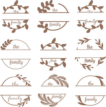 Family Split Monogram SVG, Elegant Wreath, Decorative Leaves & Branches, Personalized Last Name Surname Monogram, christmas frame border bundle set, calligraphy
