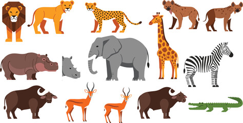 African safari wild animals vector set featuring lion elephant giraffe zebra hippo crocodile and antelope illustrations © MdYeasin