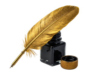Gold feather quill in inkwell; dark background