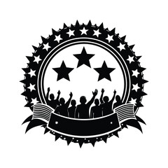 Crowd Silhouette with Stars and Ribbons Emblem on White Background people hands