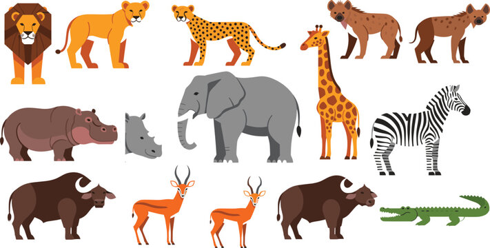 African safari wild animals vector set featuring lion elephant giraffe zebra hippo crocodile and antelope illustrations