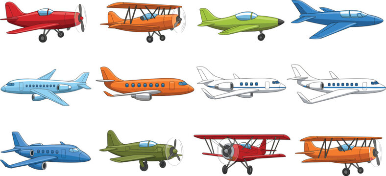 Airplane and aircraft vector set featuring vintage propeller planes, private jets, and modern passenger airplanes for aviation and transport design