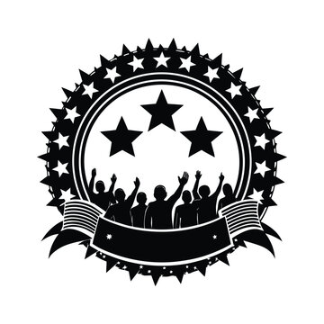 Crowd Silhouette with Stars and Ribbons Emblem on White Background people hands