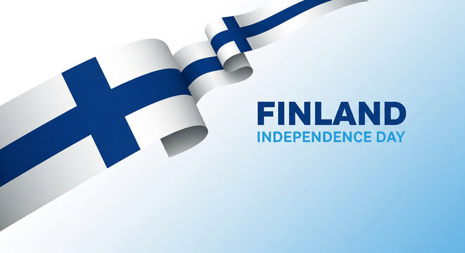 Finland independence day celebration with flag ribbon and blue background