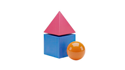 3D Geometric shapes: red pyramid, blue cube, orange sphere on transparent background