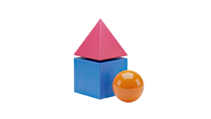 3D Geometric shapes: red pyramid, blue cube, orange sphere on transparent background