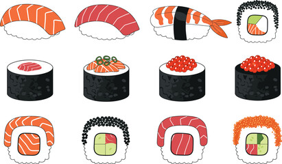 Set of Japanese sushi and maki roll icons featuring salmon tuna and shrimp nigiri with various uramaki and hosomaki for restaurant menu and food delivery design © MdYeasin