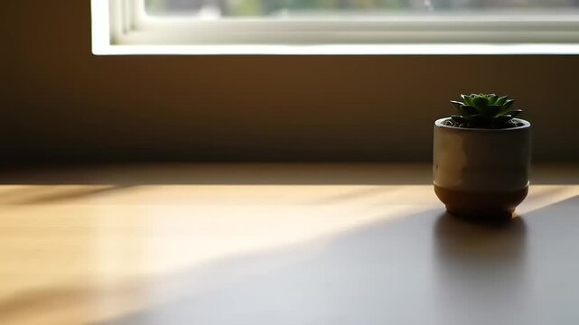 Small potted succulent plant on a wooden surface near a window.