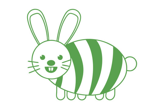 Green rabbit stands with striped body and two buck teeth smiling sweetly