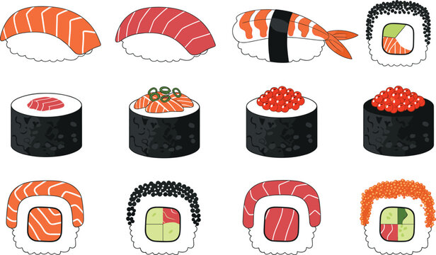 Set of Japanese sushi and maki roll icons featuring salmon tuna and shrimp nigiri with various uramaki and hosomaki for restaurant menu and food delivery design