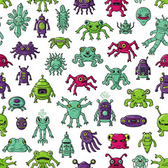 Obraz premium Whimsical and colorful cartoon aliens and monsters in a repeating pattern, perfect for playful designs.