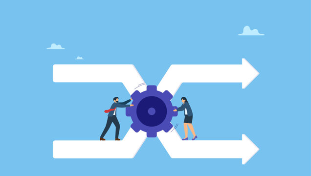 Businessman staff team help colleague turn gear cog to manage change direction arrows. Change management, professional or expertise to manage company transformation or implement new process.