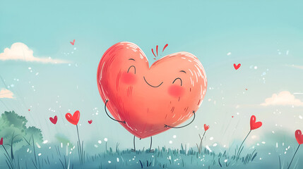 Cute heart character standing in a field of hearts on a sunny day