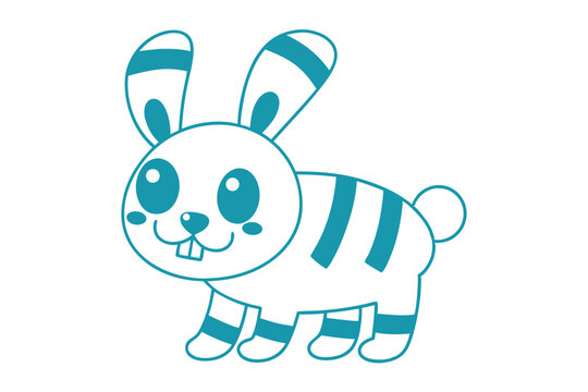 Striped cyan rabbit with buck teeth stands playfully on a white background