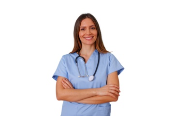 Female healthcare worker smiling, arms crossed, wearing blue scrubs and stethoscope, promoting trust and care on transparent background