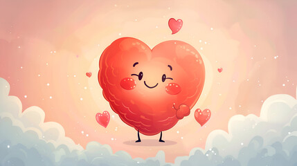 Cute heart character with smiling face and floating hearts